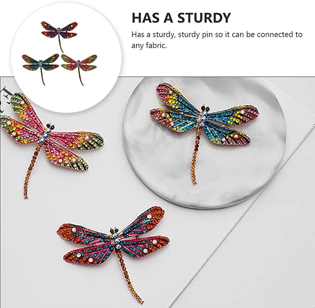 3Pcs Dragonfly Rhinestone Brooches Crystal Animal Brooch Pins Colorful Enamel Insect Lapel Pin for Clothes Bag Hat Wedding Decoration