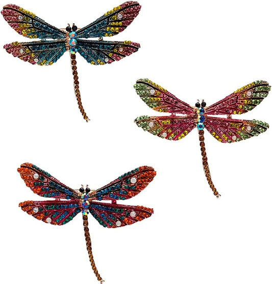 3Pcs Dragonfly Rhinestone Brooches Crystal Animal Brooch Pins Colorful Enamel Insect Lapel Pin for Clothes Bag Hat Wedding Decoration