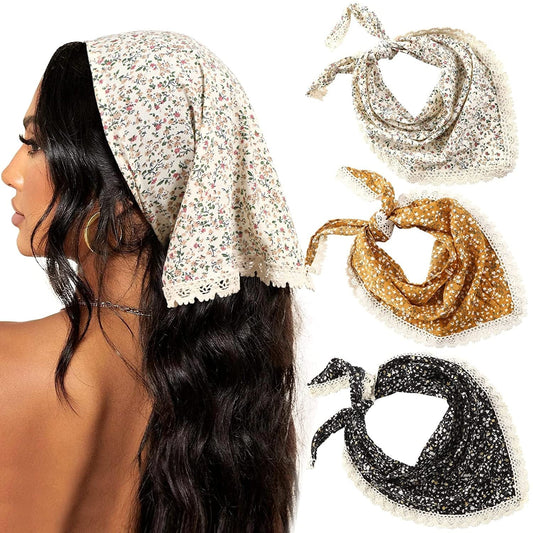 3Pcs Floral Hair Bandanas Chiffon Head Kerchief for Women Girls Boho Hair Scarf Headband Bandana Daisy Lace Head Scarf (Lace Trim Floral(Yellow/Black/Beige)) Apparel & Accessories > Clothing Accessories > Bandanas & Headties AWAYTR Lace Trim Floral(yellow/Black/Beige)  