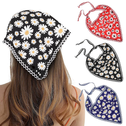3Pcs Floral Hair Bandanas Chiffon Head Kerchief for Women Girls Boho Hair Scarf Headband Bandana Daisy Lace Head Scarf (Lace Trim Floral(Yellow/Black/Beige)) Apparel & Accessories > Clothing Accessories > Bandanas & Headties AWAYTR Lace Trim Sunflowers(blue/Black/Red)  