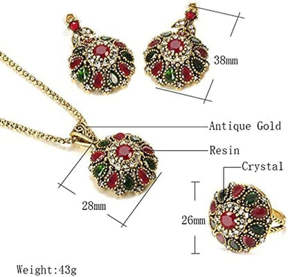 3Pcs Jewelry Sets Ethnic Bride Crystal Flower Antique Gold Color Necklace Earrings Ring Sets for Women Boho Jewelry