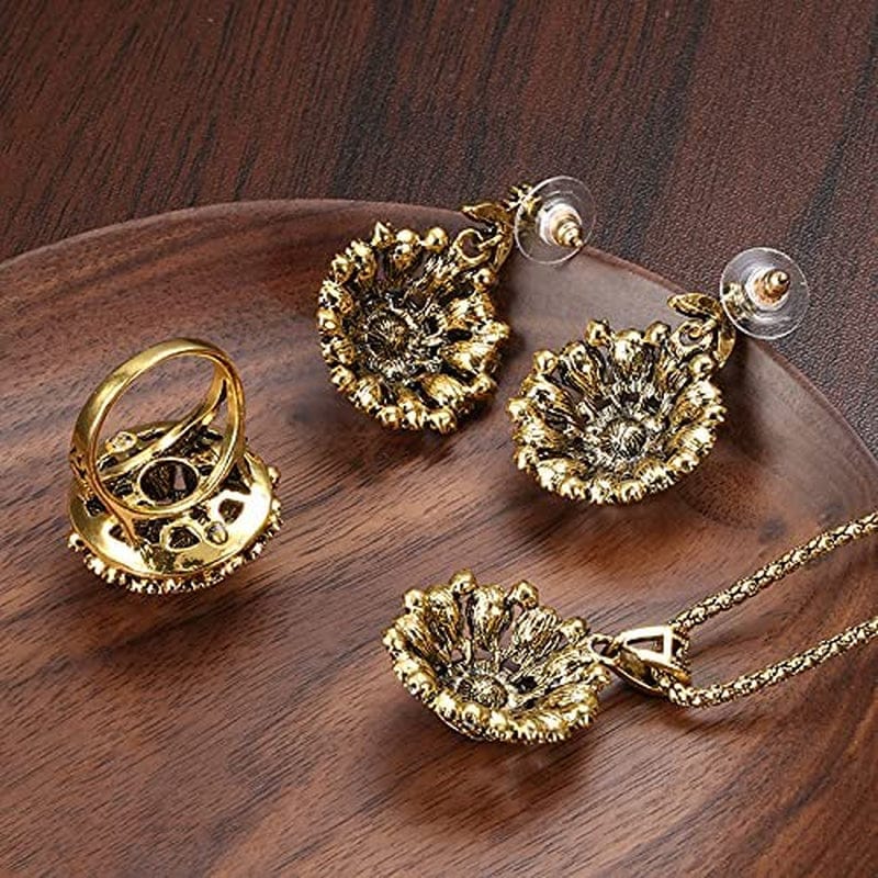 3Pcs Jewelry Sets Ethnic Bride Crystal Flower Antique Gold Color Necklace Earrings Ring Sets for Women Boho Jewelry