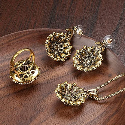 3Pcs Jewelry Sets Ethnic Bride Crystal Flower Antique Gold Color Necklace Earrings Ring Sets for Women Boho Jewelry
