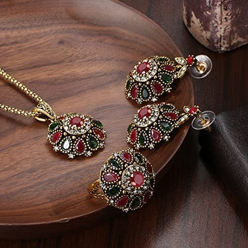 3Pcs Jewelry Sets Ethnic Bride Crystal Flower Antique Gold Color Necklace Earrings Ring Sets for Women Boho Jewelry