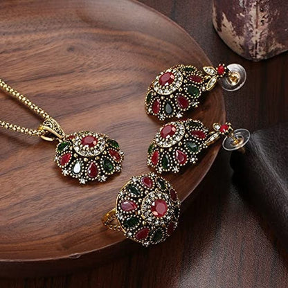 3Pcs Jewelry Sets Ethnic Bride Crystal Flower Antique Gold Color Necklace Earrings Ring Sets for Women Boho Jewelry