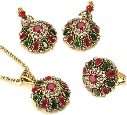 3Pcs Jewelry Sets Ethnic Bride Crystal Flower Antique Gold Color Necklace Earrings Ring Sets for Women Boho Jewelry 7