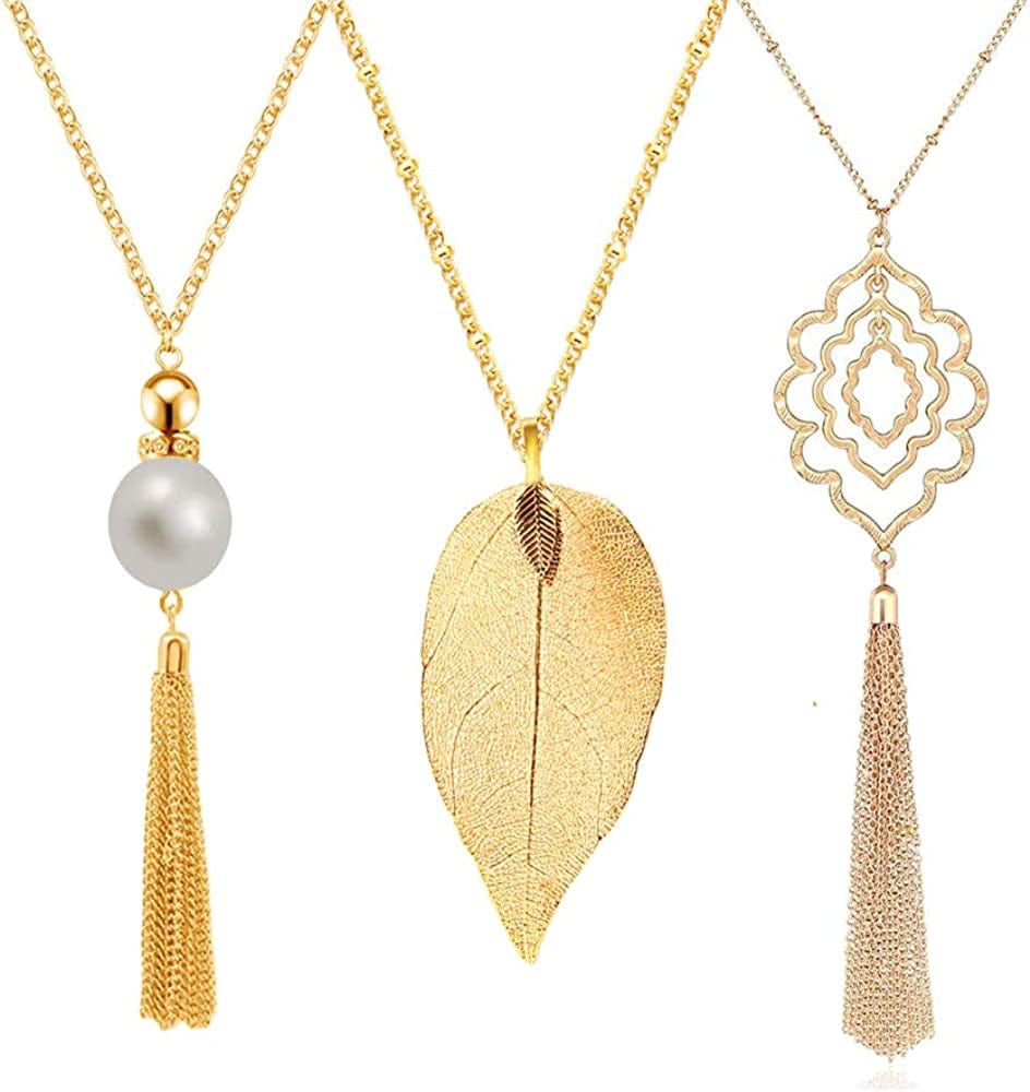 3PCS Long Pendant Necklaces for Women Knot Disk Circle Tassel Statement Sweater Necklace Set Gold-3P