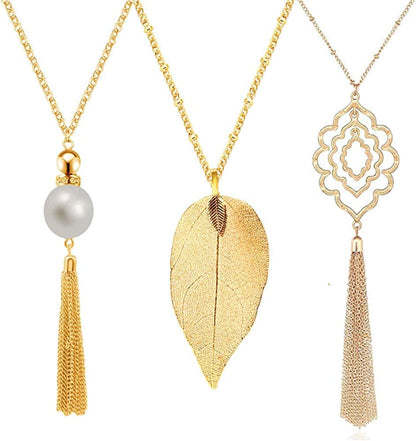 3PCS Long Pendant Necklaces for Women Knot Disk Circle Tassel Statement Sweater Necklace Set Gold-3P