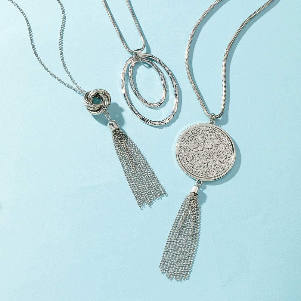 3PCS Long Pendant Necklaces for Women Knot Disk Circle Tassel Statement Sweater Necklace Set