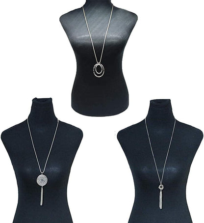 3PCS Long Pendant Necklaces for Women Knot Disk Circle Tassel Statement Sweater Necklace Set