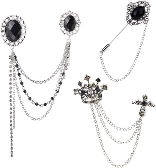 3PCS Men'S Brooch Suit Pin Badge with Chains Brooch Buckle Chain Collar Lapel Pin for Men Shirt Collar Pin Chain Brooch Decoration Metal Brooch Pin Clips for Women Suit Tuxedo Tie Hat Scarf
