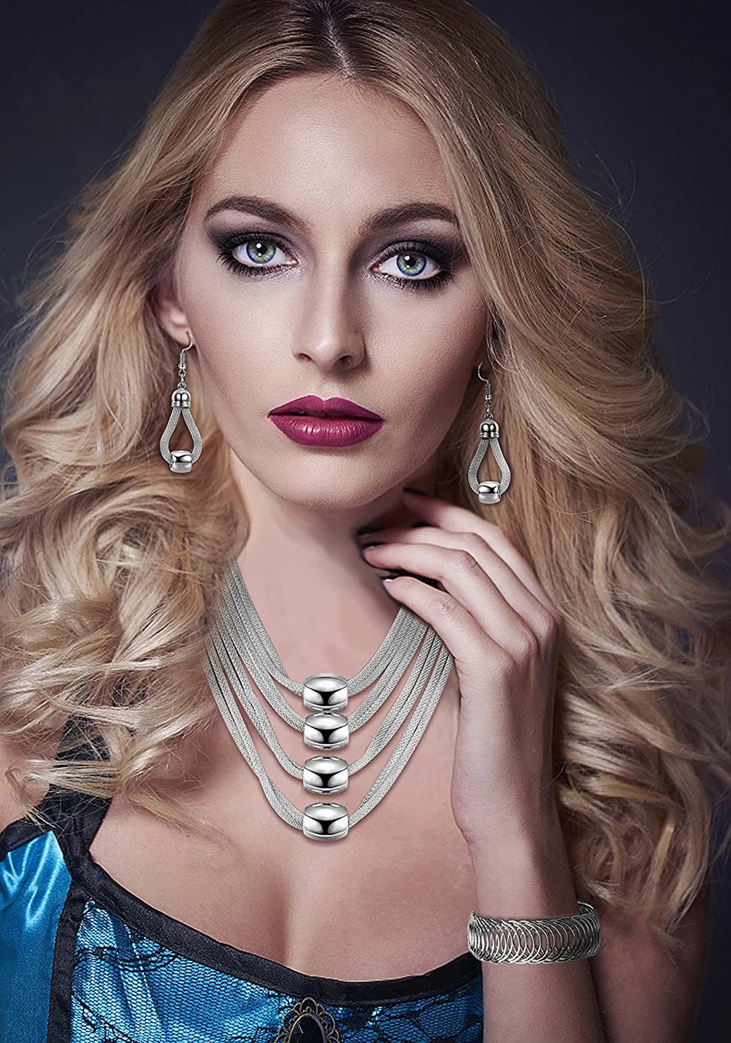 3Pcs Multi-Layer Bib Necklace Jewelry Set for Women Choker Necklace Stretch Cuff Bracelet Dangle Earrings Halloween Costume Jewelry Set Silver Tone