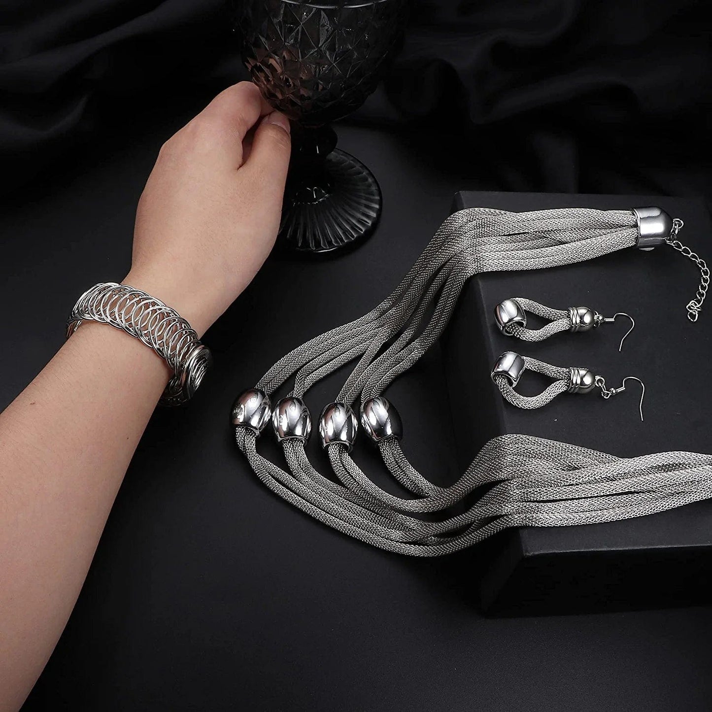 3Pcs Multi-Layer Bib Necklace Jewelry Set for Women Choker Necklace Stretch Cuff Bracelet Dangle Earrings Halloween Costume Jewelry Set Silver Tone