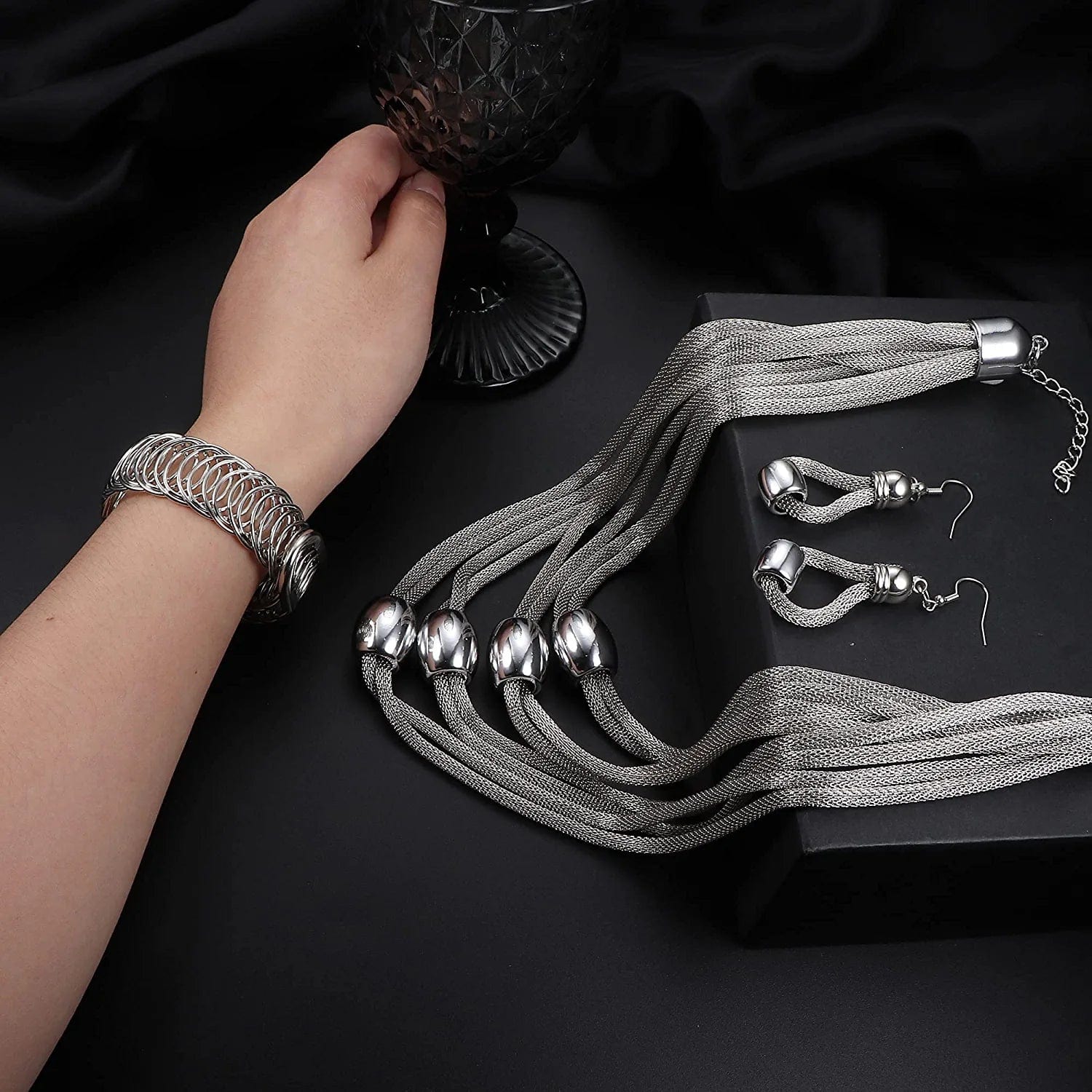 3Pcs Multi-Layer Bib Necklace Jewelry Set for Women Choker Necklace Stretch Cuff Bracelet Dangle Earrings Halloween Costume Jewelry Set Silver Tone