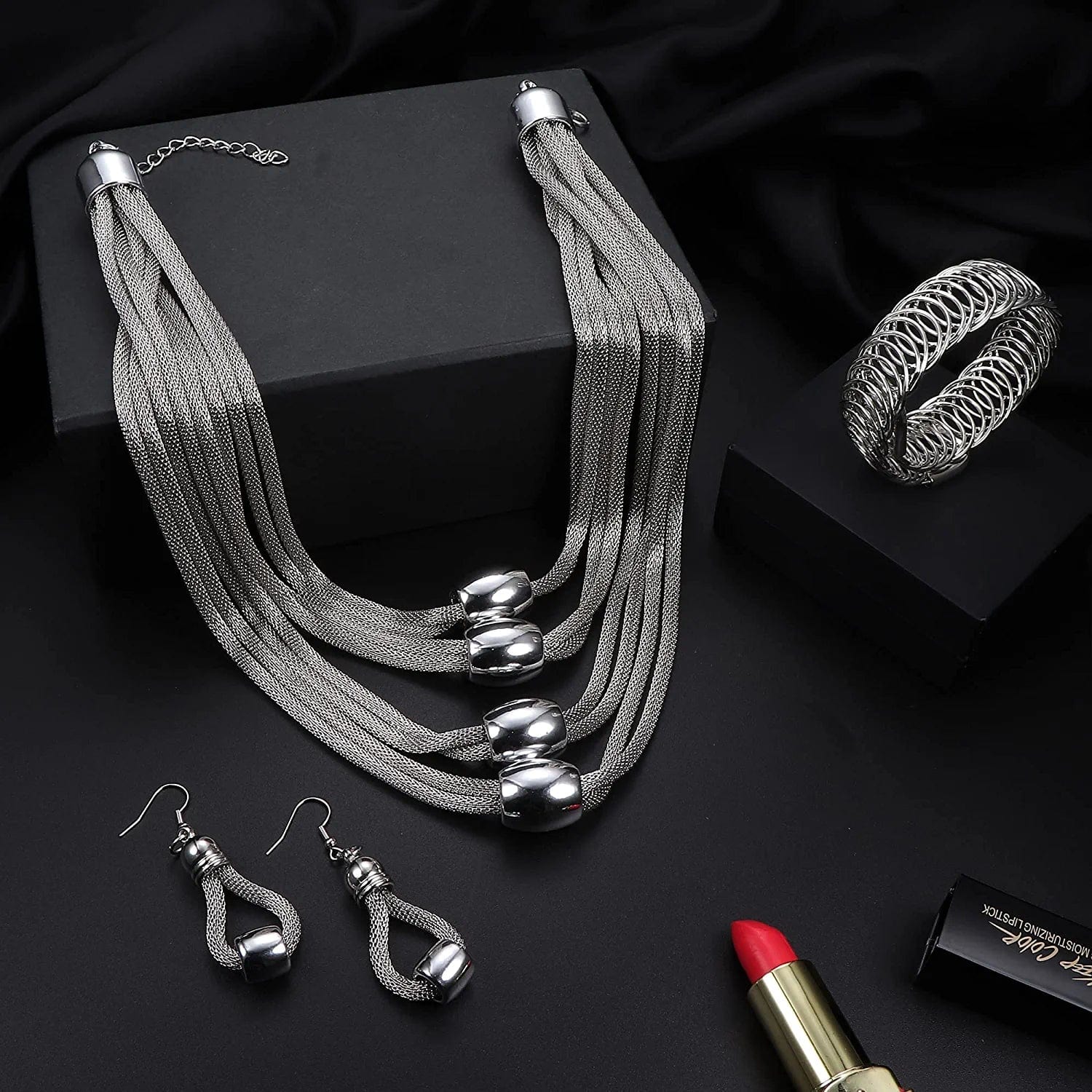 3Pcs Multi-Layer Bib Necklace Jewelry Set for Women Choker Necklace Stretch Cuff Bracelet Dangle Earrings Halloween Costume Jewelry Set Silver Tone
