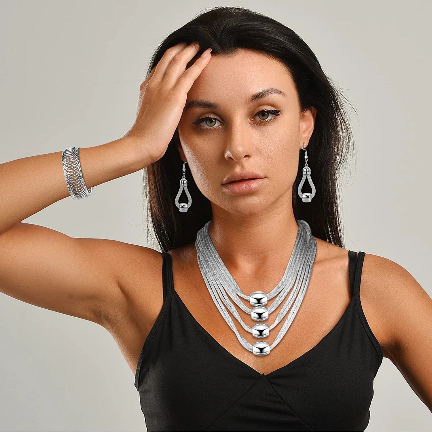 3Pcs Multi-Layer Bib Necklace Jewelry Set for Women Choker Necklace Stretch Cuff Bracelet Dangle Earrings Halloween Costume Jewelry Set Silver Tone
