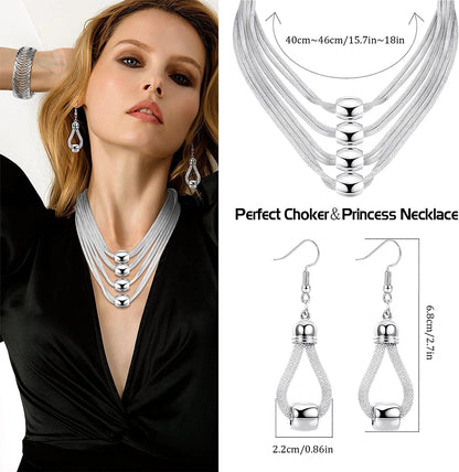 3Pcs Multi-Layer Bib Necklace Jewelry Set for Women Choker Necklace Stretch Cuff Bracelet Dangle Earrings Halloween Costume Jewelry Set Silver Tone