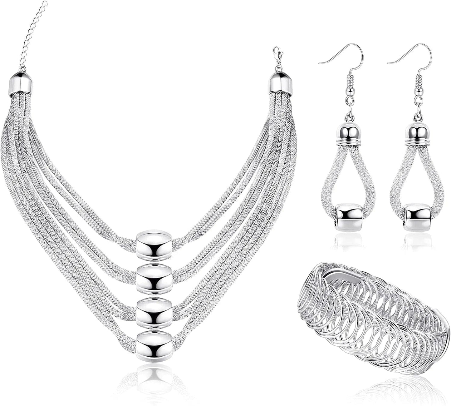3Pcs Multi-Layer Bib Necklace Jewelry Set for Women Choker Necklace Stretch Cuff Bracelet Dangle Earrings Halloween Costume Jewelry Set Silver Tone