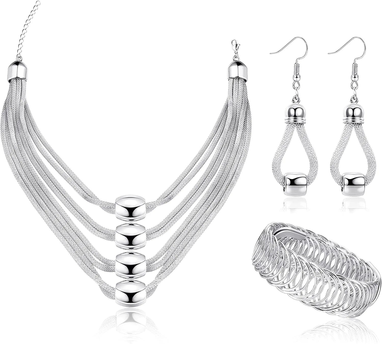 3Pcs Multi-Layer Bib Necklace Jewelry Set for Women Choker Necklace Stretch Cuff Bracelet Dangle Earrings Halloween Costume Jewelry Set Silver Tone
