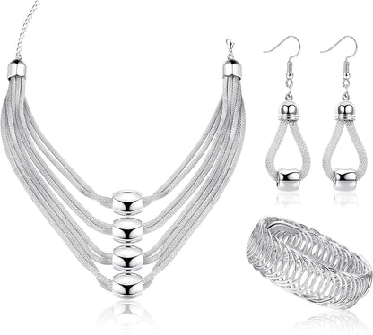 3Pcs Multi-Layer Bib Necklace Jewelry Set for Women Choker Necklace Stretch Cuff Bracelet Dangle Earrings Halloween Costume Jewelry Set Silver Tone