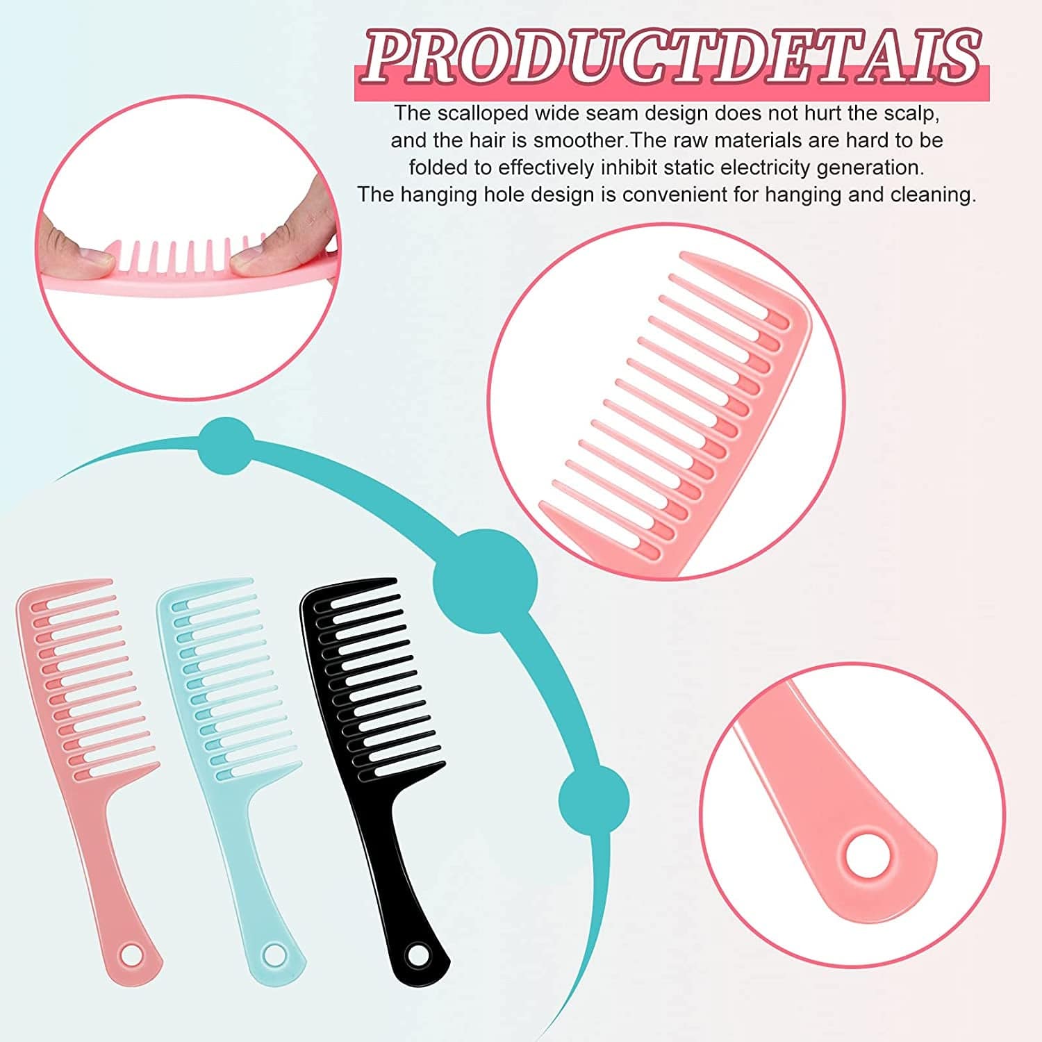 3Pcs Wide Tooth Detangling Comb : Wide Tooth Comb and Large Hair Detangling Comb,Durable Hair Brush for Best Styling and Professional Hair Care, Suitable for Curly Hair, Long Hair, Wet Hair,Wide Tooth Comb for Curly Hair (Pink|Blue|Black) Health & Beauty > Personal Care > Hair Care Trati   