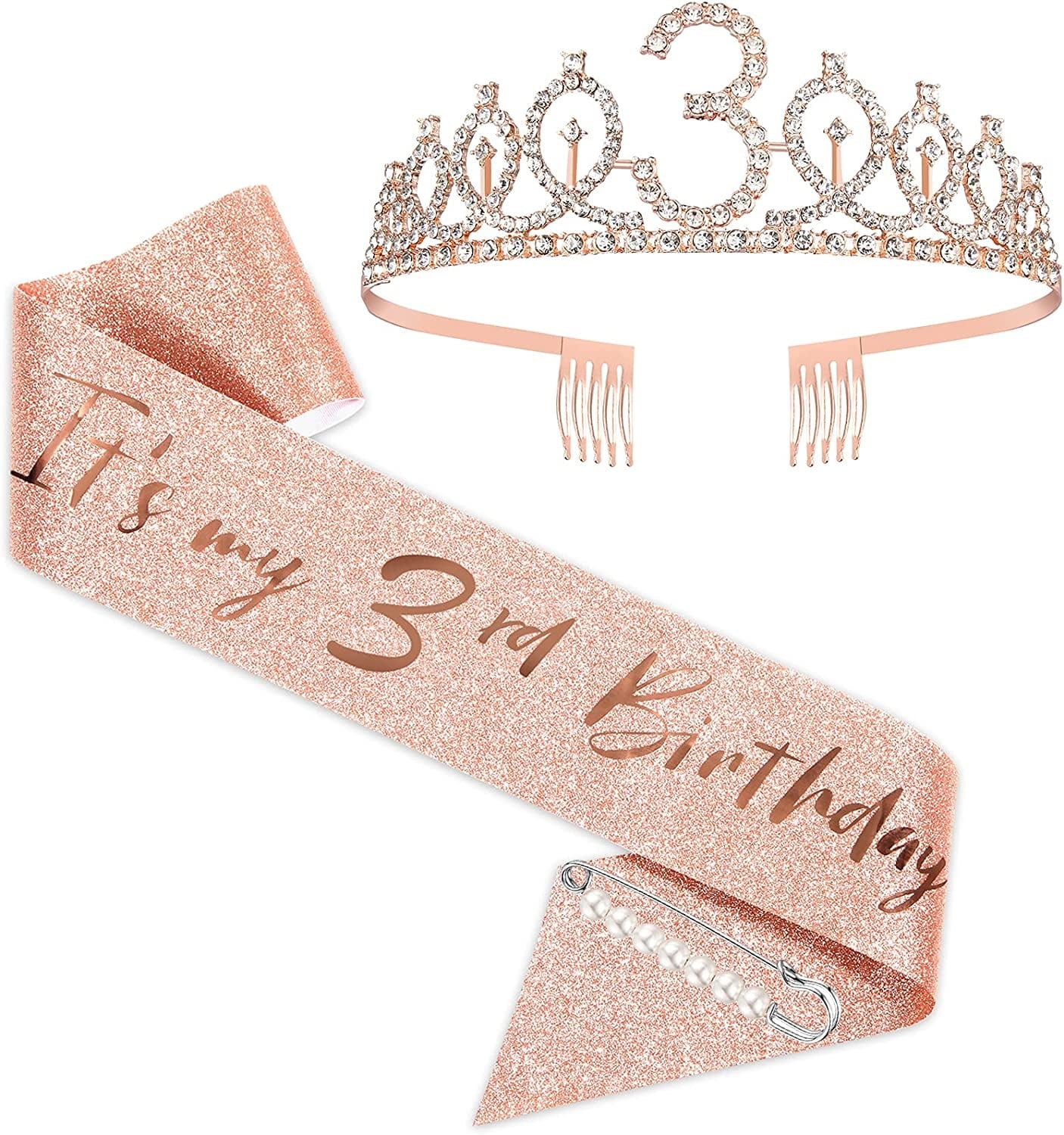 3Rd Birthday Sash and Tiara for Girls, Rose Gold Birthday Sash Crown 3 & Fabulous Sash and Tiara for Girls, 3Rd Birthday Gifts for Happy 3Rd Birthday Party Favor Supplies Apparel & Accessories > Clothing Accessories > Sashes BRT Bearingshui   