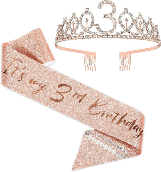 3Rd Birthday Sash and Tiara for Girls, Rose Gold Birthday Sash Crown 3 & Fabulous Sash and Tiara for Girls, 3Rd Birthday Gifts for Happy 3Rd Birthday Party Favor Supplies Apparel & Accessories > Clothing Accessories > Sashes BRT Bearingshui   