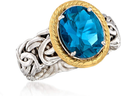 4.10 Carat London Blue Topaz Byzantine Ring in 14Kt Yellow Gold and Sterling Silver