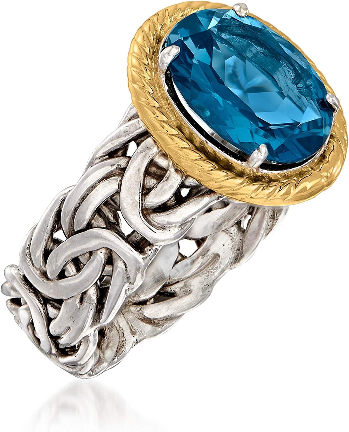 4.10 Carat London Blue Topaz Byzantine Ring in 14Kt Yellow Gold and Sterling Silver