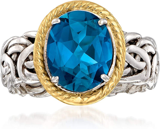 4.10 Carat London Blue Topaz Byzantine Ring in 14Kt Yellow Gold and Sterling Silver 6