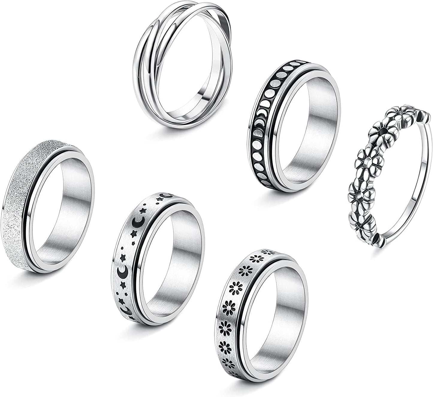 4 -6Pcs Stainless Steel Spinner Ring for Women Mens Fidget Band Rings Moon Star Celtic Stress Relieving Wide Wedding Promise Rings Set White Gold Tone / 11