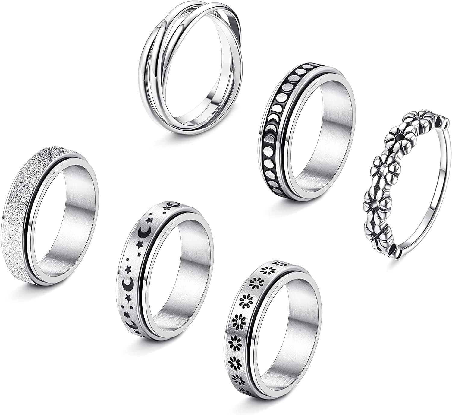 4 -6Pcs Stainless Steel Spinner Ring for Women Mens Fidget Band Rings Moon Star Celtic Stress Relieving Wide Wedding Promise Rings Set White Gold Tone / 11