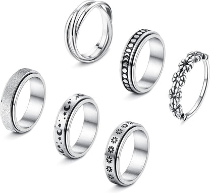 4 -6Pcs Stainless Steel Spinner Ring for Women Mens Fidget Band Rings Moon Star Celtic Stress Relieving Wide Wedding Promise Rings Set White Gold Tone / 11