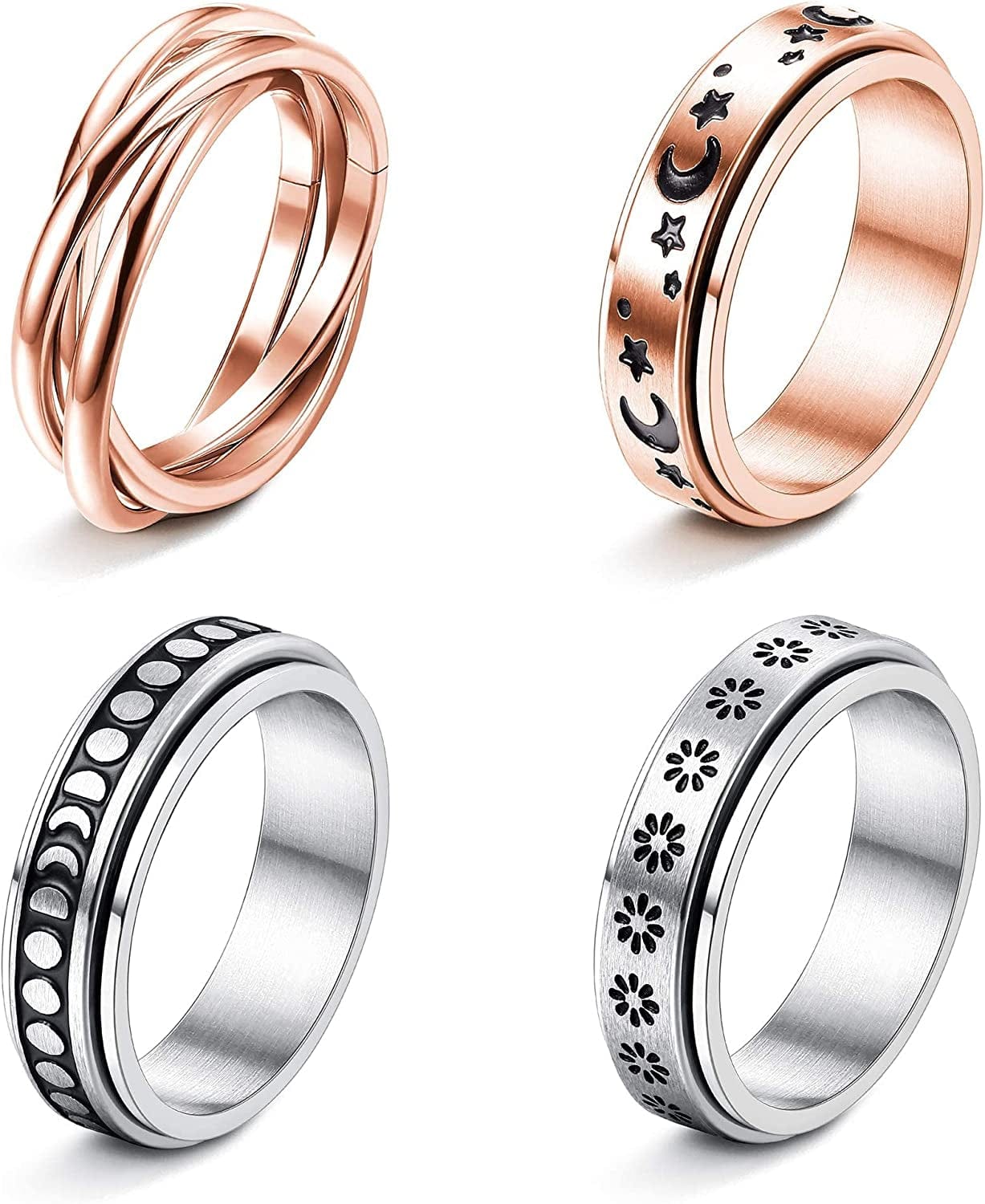 4 -6Pcs Stainless Steel Spinner Ring for Women Mens Fidget Band Rings Moon Star Celtic Stress Relieving Wide Wedding Promise Rings Set Rose Gold+Silver Tone / 9