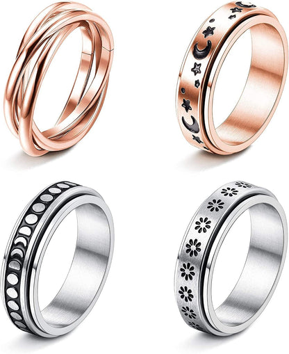 4 -6Pcs Stainless Steel Spinner Ring for Women Mens Fidget Band Rings Moon Star Celtic Stress Relieving Wide Wedding Promise Rings Set Rose Gold+Silver Tone / 9