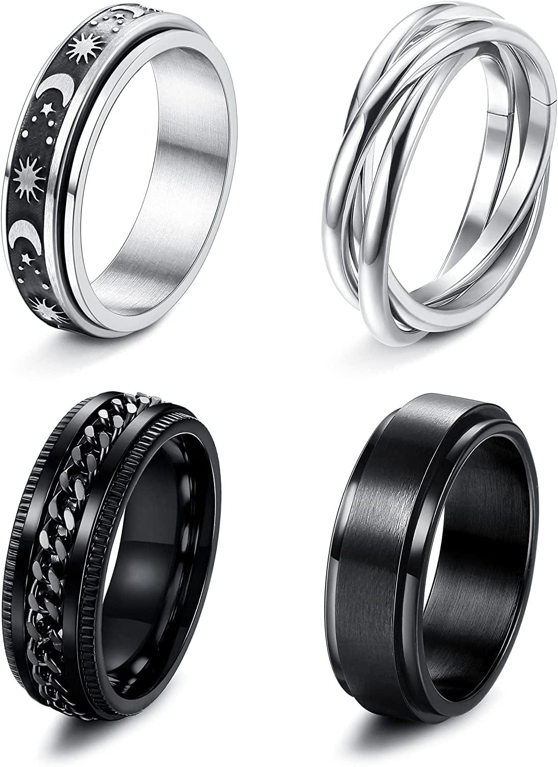4 -6Pcs Stainless Steel Spinner Ring for Women Mens Fidget Band Rings Moon Star Celtic Stress Relieving Wide Wedding Promise Rings Set Silver Tone+Black / 10