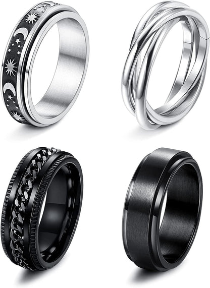 4 -6Pcs Stainless Steel Spinner Ring for Women Mens Fidget Band Rings Moon Star Celtic Stress Relieving Wide Wedding Promise Rings Set Silver Tone+Black / 10