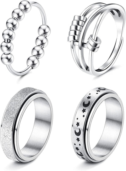 4 -6Pcs Stainless Steel Spinner Ring for Women Mens Fidget Band Rings Moon Star Celtic Stress Relieving Wide Wedding Promise Rings Set 4PCS Silver Tone / 8