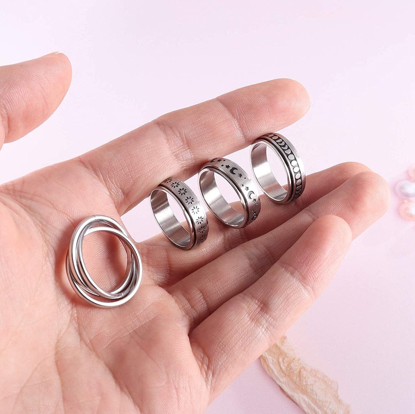 4 -6Pcs Stainless Steel Spinner Ring for Women Mens Fidget Band Rings Moon Star Celtic Stress Relieving Wide Wedding Promise Rings Set