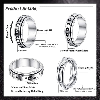 4 -6Pcs Stainless Steel Spinner Ring for Women Mens Fidget Band Rings Moon Star Celtic Stress Relieving Wide Wedding Promise Rings Set