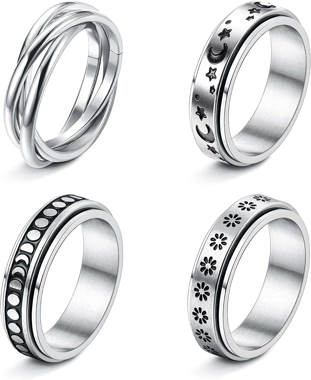 4 -6Pcs Stainless Steel Spinner Ring for Women Mens Fidget Band Rings Moon Star Celtic Stress Relieving Wide Wedding Promise Rings Set Silver Tone / 9
