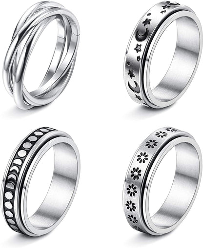 4 -6Pcs Stainless Steel Spinner Ring for Women Mens Fidget Band Rings Moon Star Celtic Stress Relieving Wide Wedding Promise Rings Set Silver Tone / 9