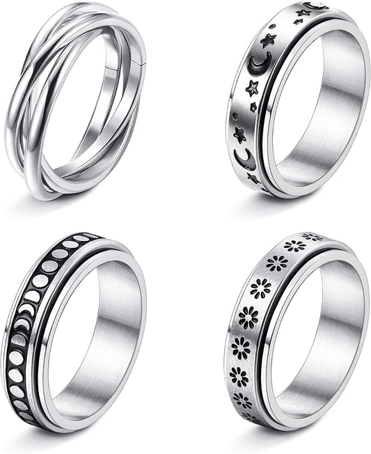 4 -6Pcs Stainless Steel Spinner Ring for Women Mens Fidget Band Rings Moon Star Celtic Stress Relieving Wide Wedding Promise Rings Set Silver Tone / 9