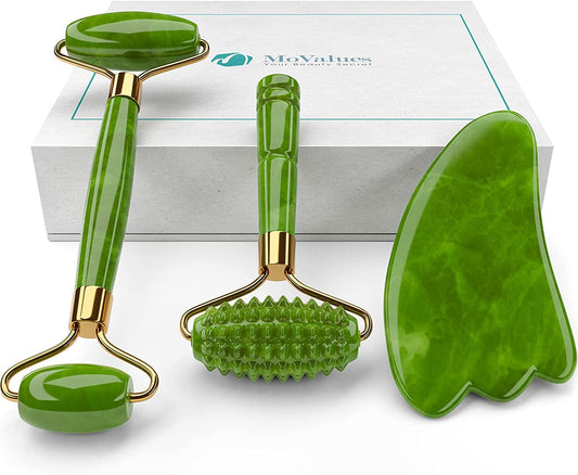 4-In-1 Jade Roller and Gua Sha Set. Jade Face Roller with Eye Massager, Jade Gua Sha, Ridged Roller Massager. Jade Roller for Face Real Jade 100% Jade Stone Roller. Warm Facial Massager or Ice Roller Health & Beauty > Personal Care > Cosmetics > Cosmetic Tools > Skin Care Tools MoValues   