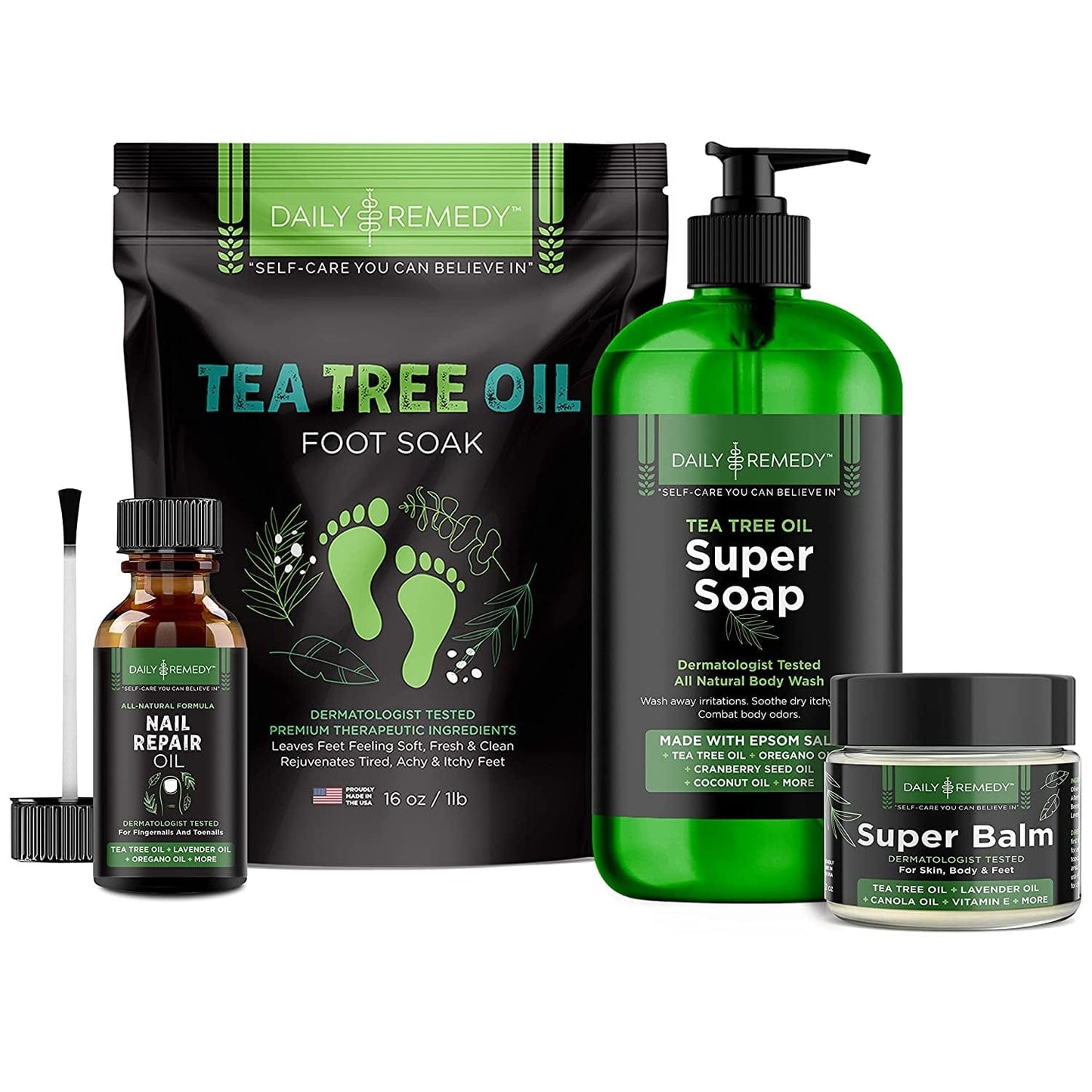 4 in 1 Tea Tree Oil Foot Soak, Super Balm, Nail Repair Oil and Body Wash Set - for Damaged Nails, Itchy Skin, Athletes Foot, Smelly Feet, Cracked Heels and Calluses - Made in the USA Health & Beauty > Personal Care > Foot Care DAILY REMEDY   