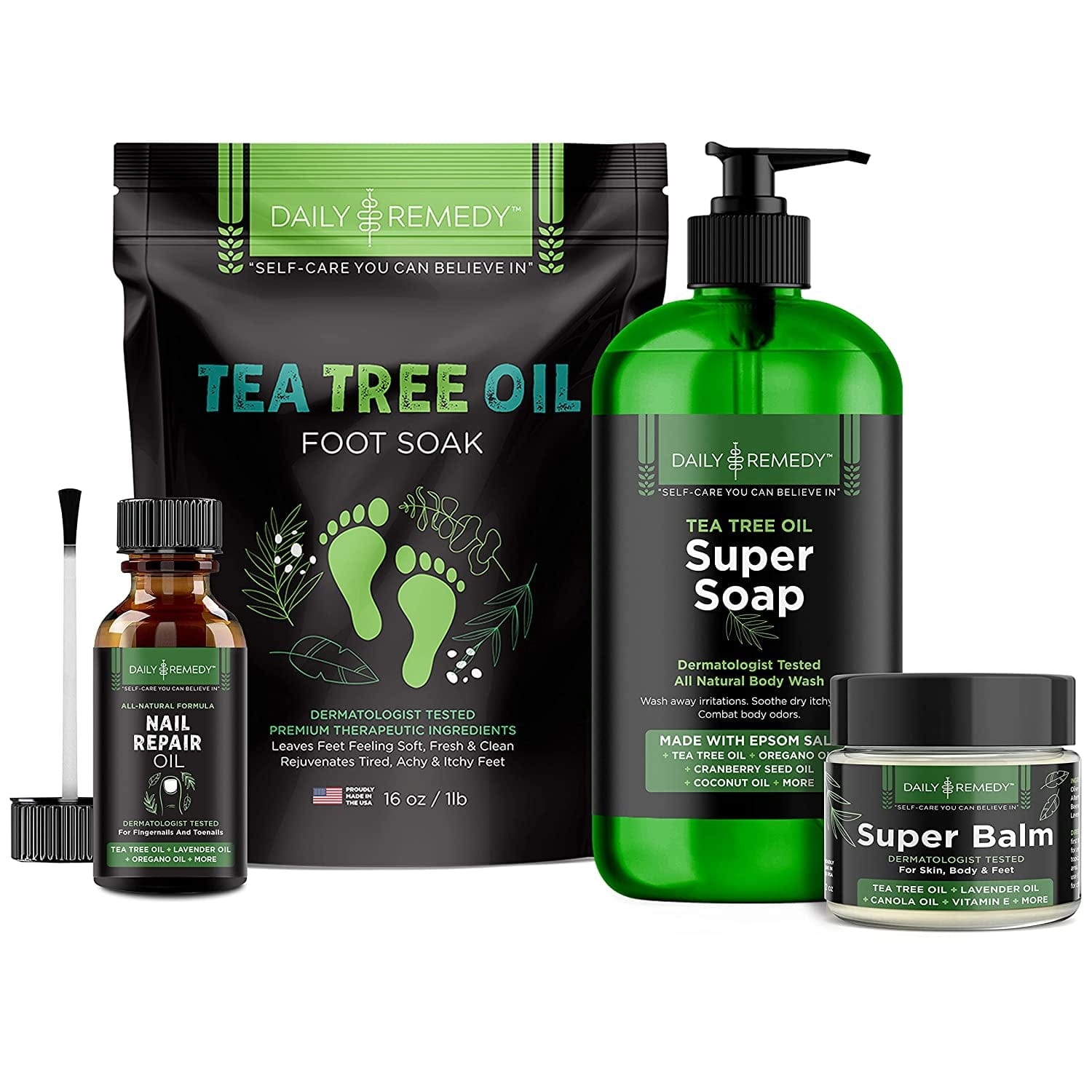 4 in 1 Tea Tree Oil Foot Soak, Super Balm, Nail Repair Oil and Body Wash Set - for Damaged Nails, Itchy Skin, Athletes Foot, Smelly Feet, Cracked Heels and Calluses - Made in the USA Health & Beauty > Personal Care > Foot Care DAILY REMEDY   