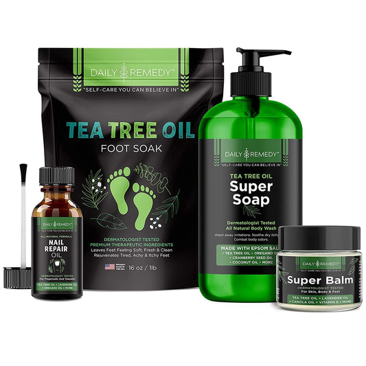 4 in 1 Tea Tree Oil Foot Soak, Super Balm, Nail Repair Oil and Body Wash Set - for Damaged Nails, Itchy Skin, Athletes Foot, Smelly Feet, Cracked Heels and Calluses - Made in the USA Health & Beauty > Personal Care > Foot Care DAILY REMEDY   