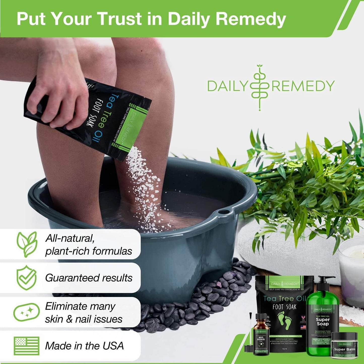 4 in 1 Tea Tree Oil Foot Soak, Super Balm, Nail Repair Oil and Body Wash Set - for Damaged Nails, Itchy Skin, Athletes Foot, Smelly Feet, Cracked Heels and Calluses - Made in the USA Health & Beauty > Personal Care > Foot Care DAILY REMEDY   