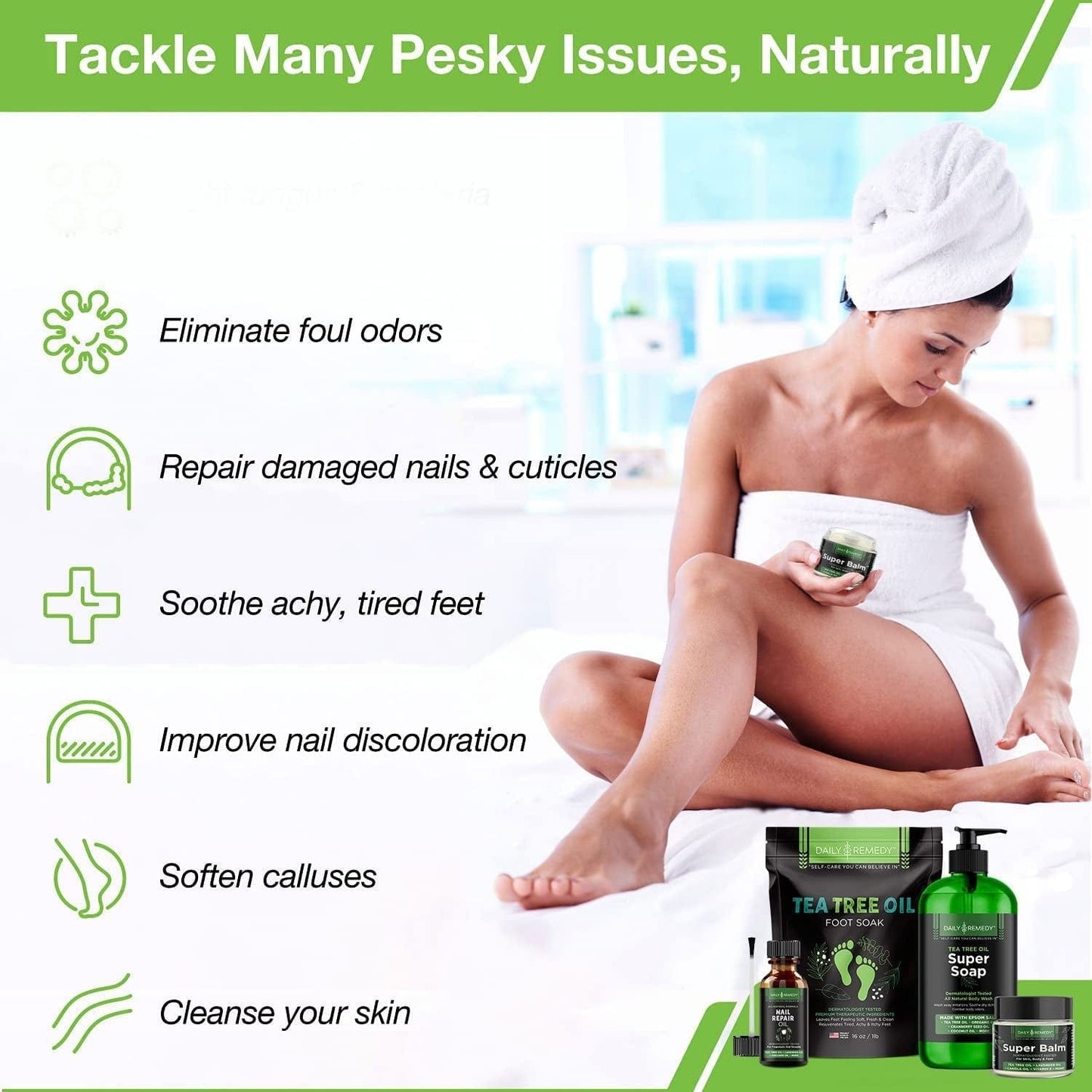 4 in 1 Tea Tree Oil Foot Soak, Super Balm, Nail Repair Oil and Body Wash Set - for Damaged Nails, Itchy Skin, Athletes Foot, Smelly Feet, Cracked Heels and Calluses - Made in the USA Health & Beauty > Personal Care > Foot Care DAILY REMEDY   