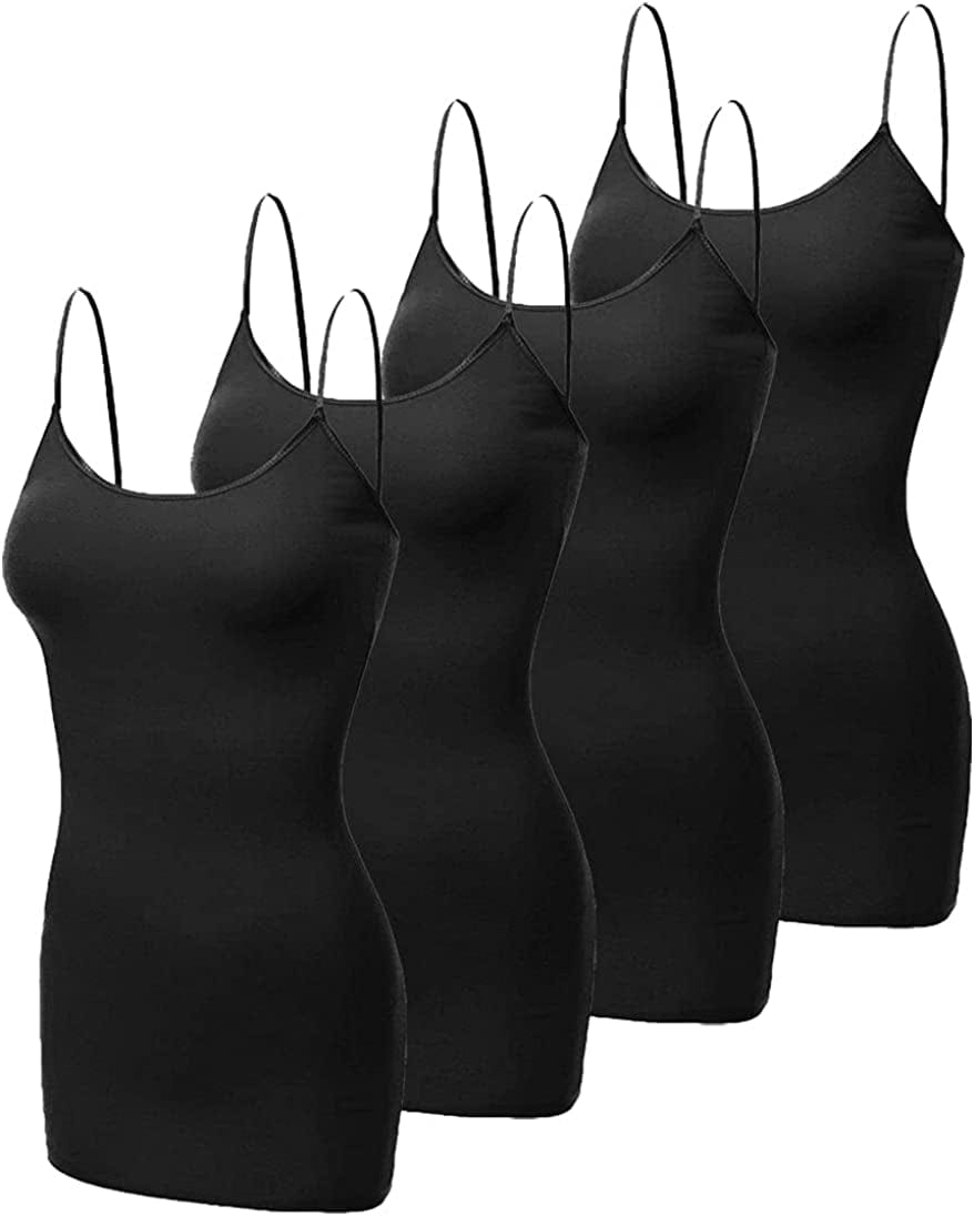 4 Pack Basic Long Camisole for Women Cami Tank Tops with Adjustable Spaghetti Strap (S-3XL) Black/Black/Black/Black / Large